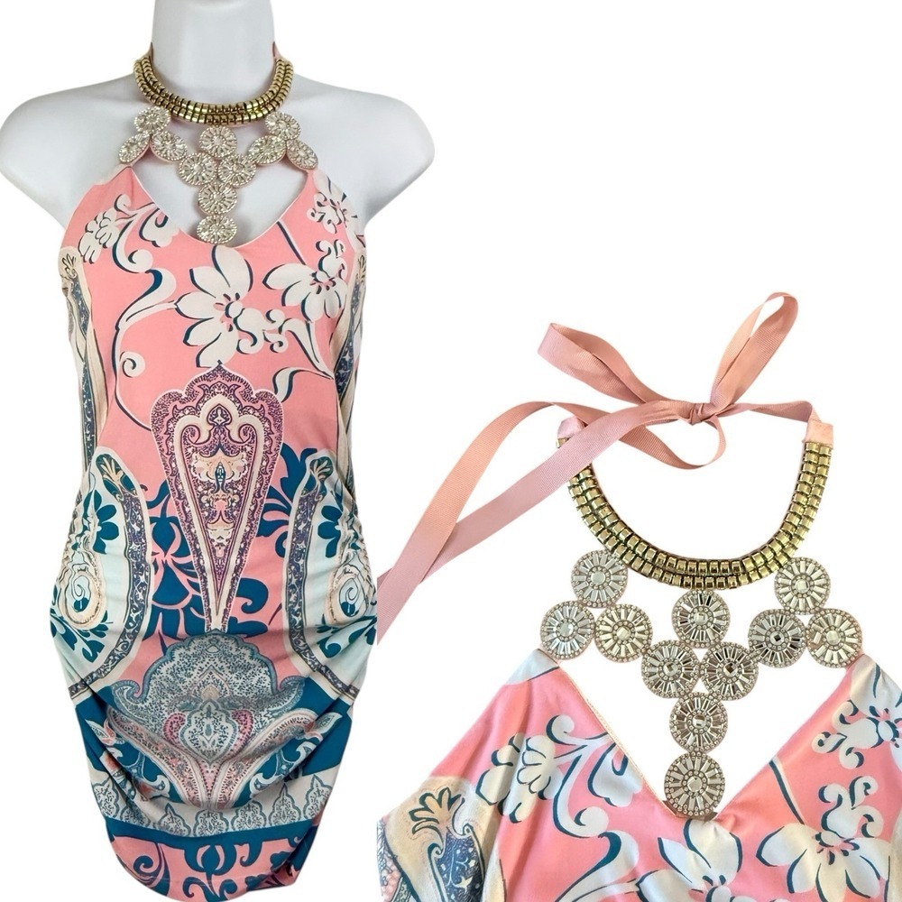 VENUS Pink Rhinestone Bow Beaded Halter TANK TOP XS Floral Coquette Glam Fairy